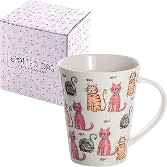 SPOTTED DOG GIFT COMPANY Cat Mug, 12 oz Cat Coffee Mug, Cute Ceramic Porcelain China Coffee Tea Mug Cup, Happy Cats Themed Gifts for Cat Lovers and Animal Lovers Women Men, 1 piece