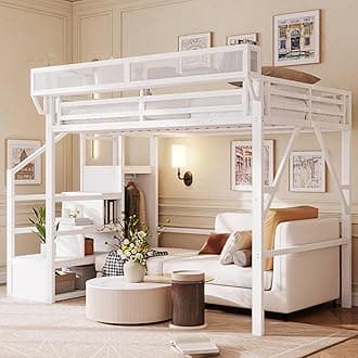 Full Size Loft Bed with Stairs and Storage, Metal Loft Bed Frame with Bedside Shelf and Large Under-Bed Space, Heavy-Duty Loft Beds for Adults Teens and Kids, Convertible Staircase, White