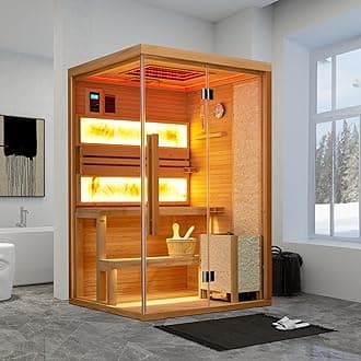 Traditional Steam Sauna,2-4 Person Luxurious Indoor Sauna with 2300W Stove Heater,Wood Sauna Room with 2 Himalayan Salt Bricks,7-Color Dynamic Abysm Sky Lights,220V,Bluetooth Speaker
