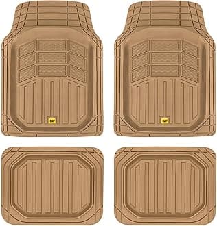 Cat® CAMT-9014 (4-Piece) Heavy Duty Deep Dish Rubber Floor Mats, Trim to Fit for Car Truck SUV & Van, All Weather Total Protection Durable Liners Beige
