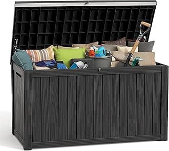 ROJIK Outdoor Storage Housing Deck Box - Waterproof Patio Furniture, Garden Tools, Cushions, Pool Accessories Storage Bench with Lockable Lid and Side Handles (Black, 200 Gal)