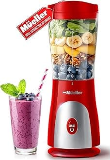Mueller Smoothie Blender for Smoothies - Personal Blender for Shakes, Frozen Drinks, Baby Food & More, 15oz Travel Cup and Lid, Durable Stainless Steel Blades for Powerful Blending Performance, Red