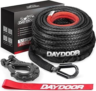 DAYDOOR 1/2'' x 92ft Synthetic Winch Rope, 31,500 Lbs Winch Rope Cable Kit, Winch Line Replacement with Protective Sleeve and Heavy Duty Forged Winch Hook for 4WD Off Road Truck