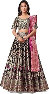 Women's Jacquard Semi-Stitched Lehenga choli(Khwab), Navy-Blue, One Size