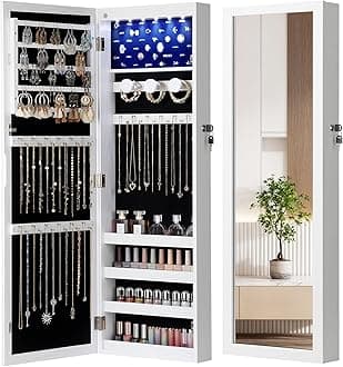 Nicetree 6 LEDs Mirror Jewelry Cabinet, Large Capacity Lockable Jewelry Armoire Organizer, Door or Wall Mounted Mirror with Jewelry Storage, Gift Idea, White