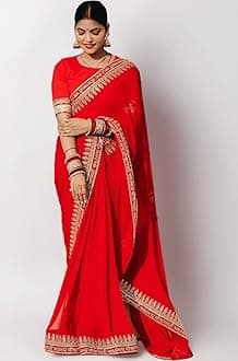 Textile Women's Lace Bordered Georgette Saree With Unstitched Blouse Piece (Sada Saubhagyavati Bhava_karwa Chauth)