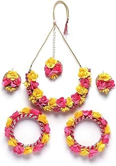 ZENEMEWhite & Gold Pearl Tasselled Gota Patti Floral Beaded Haldi & Mehendi Necklace With Earrings, Maang Tikka & Bracelet Jewellery Set For Girls and Women