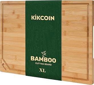 Kikcoin 17”×11” Bamboo Cutting Boards for Kitchen, Wooden Healthy Cutting Boards for Charcuterie, Vegetables, Cheese, Bread, Extra Large Chopping Boards with Deep Juice Groove and Handle, Natural