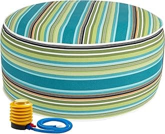 Inflatable Outdoor Ottoman with Air Pump,20"x9" Portable Patio Pouf,Water Resistant,Fade-Resistant,Round Blow Up Footrest Stools for Home Garden Camping Travel(Green Stripe)