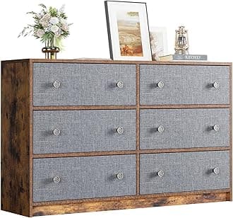 Nicehill 6 Drawers Dresser for Bedroom, Fabric Storage Tower, Dresser & Chest of Drawers Organizer, Storage Cabinet, Hallway, Closets, Steel Frame, Living Room, Wooden Dressers（Gray and Rustic Brown）