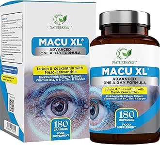 Macu XL - Lutein and Zeaxanthin Supplement - 6 Month Supply with Meso Zeaxanthin, Bilberry Extract, Vitamins A, B12 & Zinc, 180 Vegan Capsules - Eye Supplement for Vision Health – Eye Vitamins