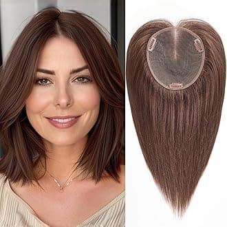 starluck 6x5 inch Large Swiss Base SilkHug 14 Inch Real Human Hair Toppers,60 Gram, 100% Real Human Hair Toppers for Women with thinning (Brown, no Bangs)