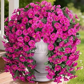 Artificial Fake Hanging Flowers Plants for Outdoor Outside Decoration, 2PCS Faux Silk UV Resistant Look Real Fuchsia Morning Glory Trailing Vines for Home Planter Porch Patio