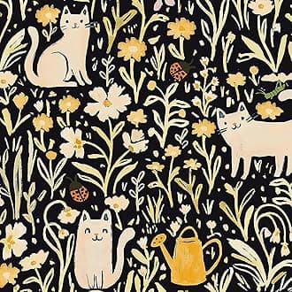 CiCiwindPeel and Stick Wallpaper Black Floral Vinyl Wrap 41CM×10M Thicken Self Adhesive Contact Paper Beige Yellow Flower Cats Sticky Back Plastic Waterproof Living Room Bedroom Decorative Film