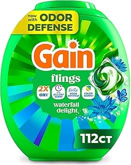 - Flings Liquid Washing Detergent Pacs, Now with Odor Defense + Color Guard, Waterfall Delight Scent, 4-In-1 Liquid Laundry Detergent Pods, Clean & Fresh, 112 Count (Packaging May Vary)