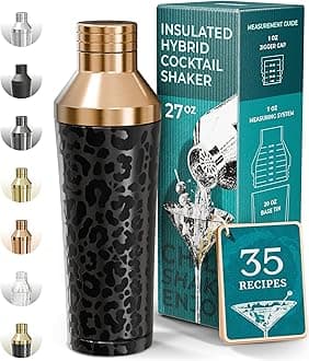 Insulated Cocktail Shaker Set | Double Wall Stainless Steel | Martini Shaker for Home Bar Bartending | Built-in Drink Measurement System & Strainer, Travel Bag, 35 Recipes | Gift Set (Leopard Copper)