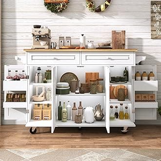 Gitua 55" W Rolling Kitchen Island with Drop Leaf – Movable Kitchen Carts on Wheels Island with Storage Cabinet, Island Table for Kitchen with Rubber Wood Top and Rack and Drawers, Matte, White
