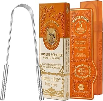 MasterMedi Tongue Scraper with Travel Case 1 Pack, Bad Breath Treatment Tongue Scraper for Adults & Kids, Stainless Steel Metal Tongue Scraper, Easy to Use Tongue Cleaner for Hygiene and Self Care