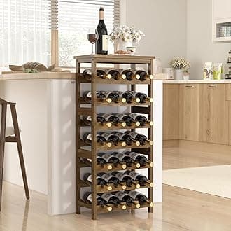 28-Bottle Wine Rack Free Standing Floor, Solid Wood 7-Tier Display Wine Storage Shelves with Tabletop, Wobble-Free Bottle Holder for Cellar Kitchen Bar Dining Room Living Room, Light Brown