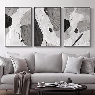 Large Framed Black and White Gray Abstract Canvas Wall Art, Set of 3 Piece Contemporary Paintings Artwork for Walls, Modern Minimalist Prints Pictures for Living Room Hallway Office Wall Decor, Total