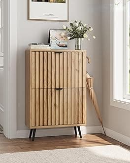 Shoe Storage Cabinet, Fluted Shoe Cabinet Storage for Entryway, Hidden Shoe Cabinet with Metal Legs,Shoe Organizer Cabinet with Flip Doors, Slim Entryway Shoe Storage Cabinet,Natural Wood-23.5in
