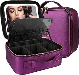 MOMIRA Travel Makeup Bag Cosmetic Bag Makeup Organizer Bag with Lighted Mirror, Adjustable Brightness in 3 Color Scenarios, Waterproof Makeup Train Case, Gift for Women, Z-Brilliant Purple, S