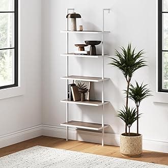 Nathan James Theo 5-Shelf Modern Bookcase, Open Wall Mount Ladder Bookshelf with Industrial Metal Frame, Gray Oak Wood/White