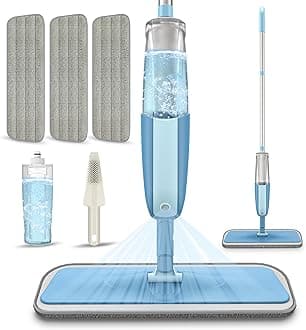 MEXERRIS Microfiber Spray Mop for Floor Cleaning Wet Dry Mop 360 Degree Spin Microfiber Dust Mop Hardwood Floor Mop with 410ML Refillable Bottle Include 3 Microfiber Reusable Pads and 1 Scrubber