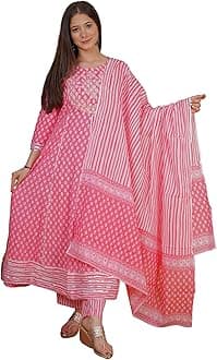 MEERA FABWomen's Cotton Printed Zari Embrodriery Anarkali Kurta with Palazzo & Dupatta Set