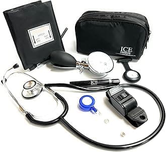Aneroid Blood Pressure Sphygmomanometer Monitor, Stethoscope, Pen Light (Pen Torch), Tourniquet, Nurse Watch, Lanyard ID Card Holder - Starter Set (Black with Silicone Watch)
