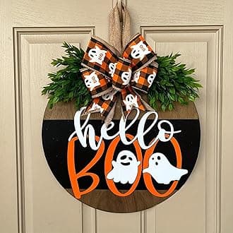 Halloween Welcome Sign Decorations, Halloween Welcome Hanging Sign for Front Door, Halloween Wooden Door Hangers Wreath with Bow for Halloween Home Outdoor Wall Decor (Hello Boo)