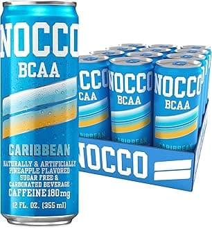 NOCCO Zero Sugar Energy Drink, Caribbean - 12 Fl Oz (Pack of 12) - 180mg Caffeine, Sugar Free with BCAAs - Branched Chain Amino Acids, Carbonated & Low Cal, B Vitamins, Grab & Go Performance Beverage