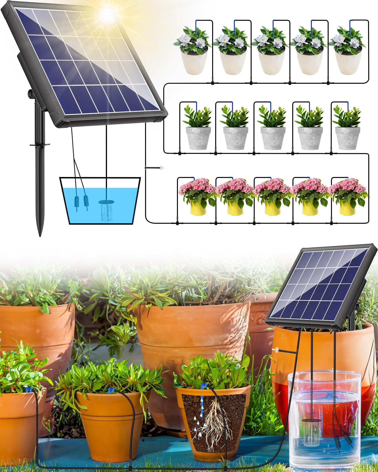 – Biling Solar Automatic Watering System, 15 Drippers Solar Powered Irrigation System 6 Modes Solar Drip Irrigation System Kit for Pot Plants Greenhouse, Garden, Terrace Waterer Outdoor Plant