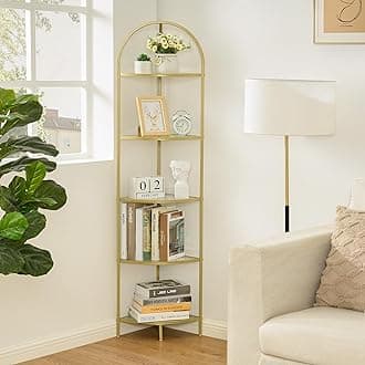 Homhedy 5-Tier Corner Shelf Stand, Metal Corner Bookshelf, Tempered Glass Shelves, Bathroom Storage Rack Shelf, Plant Stand, Modern Style, Golden