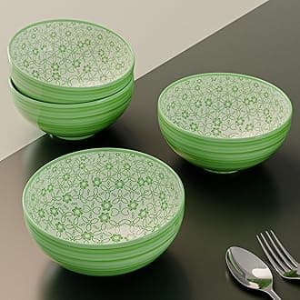 The Earth Store Multipurpose Ceramic Bowl Set of 4, 330 ML Each | Green Motif Bowl Dishwasher Safe & Microwave Safe, Ideal for Snacks, Vegetable, Dal, Fruits, Salad, Gifting & Daily Use