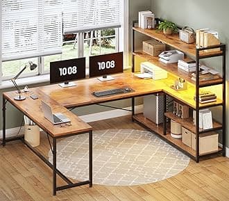 L Shaped Desk with Storage Shelves, 63” Reversible U Shaped Office Desk, Gaming Desk with Power Outlet and LED Lights for Home Office, Rustic Brown