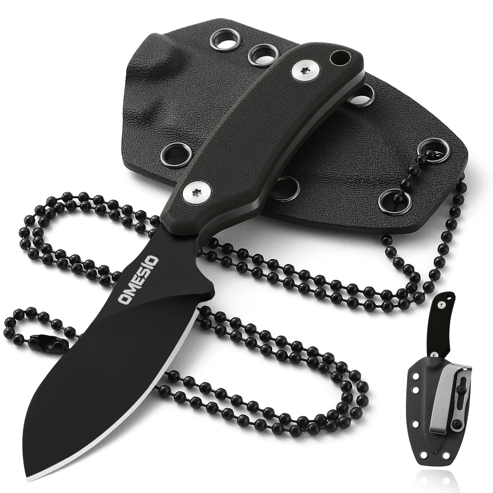 Neck Knife, 5.82" Small Fixed Blade Tactical Knife, Compact Full Tang EDC Neck Knife with Sheath and Clip, Nessmuk D2 Steel G10 Handle Mini Knife Necklace for Outdoor, Hiking, Camping