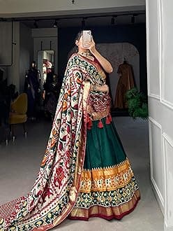 SarathybizWomen Tussar Silk With Leheriya And Foil Print Lehenga choli Set (green)