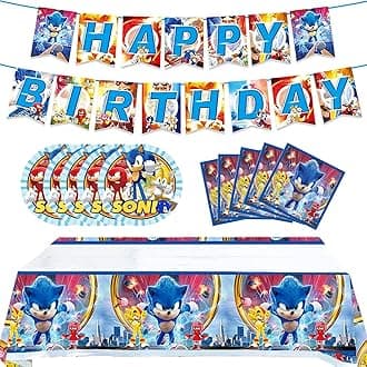 Xiaoma Sonic 2 Birthday Party Supplies, 32Pcs Sonic Decorations for Kids' Birthday, Includes Banner, Tablecloth, Plates, and Napkins