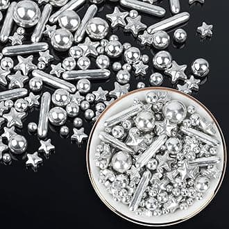 Silver Pearl Sprinkles for Cake Decorating,130g,Edible Stars Rods Sprinkle,Mix Size,Baking Cake Decorations,Cupcake Toppers,Cookie Donuts Ice Cream,Birthday Wedding Mother's Day Party Easter Supplies