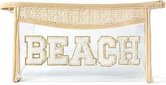 Boho Patch Beach Cosmetic Bag - Summer BEACH Chenille Varsity Toiletry Makeup Bag Beige Letter Clear Waterproof Travel PVC Zipper Clutch Daily Use Purse Summer Makeup Pouch for Women Girls