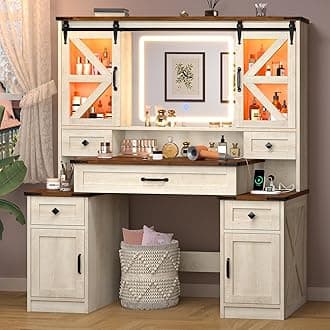 Farmhouse Vanity Desk with Mirror and Lights, 45.9" Makeup Vanity Table with Charging Station & Storage Drawers & Sliding RGB Cabinets, Big Vanity Desk for Girls Bedroom, Antique White