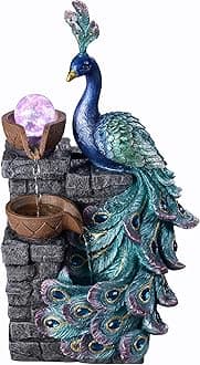 MAOCHI Tabletop Water Fountain Decor, Peacock with LED Glass Color Changing Globe,Relaxation Decorative Desktop Water Zen Fountain for Home/Office,Living Room Décor.13.78" Tall