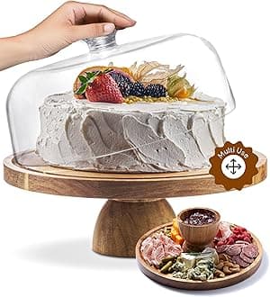 Acacia Wood Cake Stand with Lid - Cake Stand with Dome,12in Round Cake Holder, 2-in-1 Dessert Table Display Set & Charcuterie Board for Cheese, Chips & Dips, Fruit Platter, Large Acrylic Cake Dome Cover