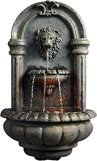 Teamson Home 32.1 in. Wall-Mounted Lion Head Stone LED Outdoor Water Fountain for Gardens, Landscaping, Patios, Balconies, Lawns to Create a Calming Oasis in Outdoor Living Spaces, Antique Bronze