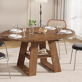43.3in-59in Extendable Round Dining Table for 4-8, Modern Kitchen Oval Dining Table with Removable Leaves Space Saving, Wood Base with Storage Shelf for Kitchen Living Room, Walnut Style 2