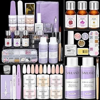 SAVILAND Acrylic Nail Kit with Essential Oils: 6 Colors Acrylic Powder and Acrylic Liquid with Practice Mat Acrylic Nail Set for beginners with Everything for Starter DIY Home Nails Art