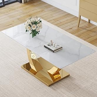 71” White Dining Room Table for 6-8, Gold Kitchen Table for Dining Room,0.4 Thickened Tempered Glass Top Table with Golden Rectangular Base