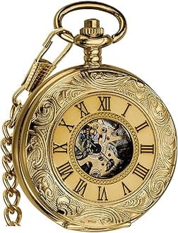 VIGOROSO Vintage Hand Wind Up Pocket Watches for Men, Mechanical Pocket Watch with Chain, Mens Skeleton Pocketwatch