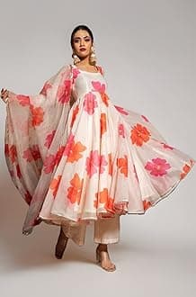 GoSriKi Women's Chanderi Cotton Flowers Printed Anarkali Kurta and Pant with Dupatta Set